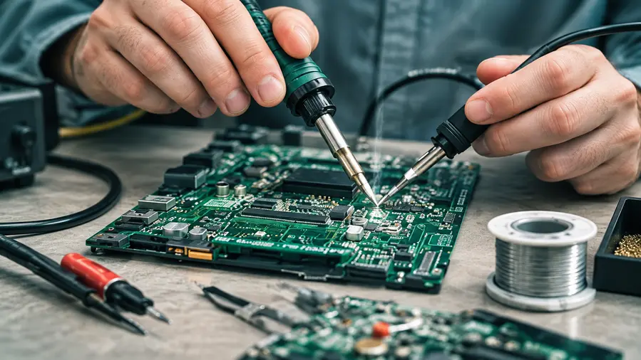 Deux mains réalisant une soudure sur un circuit électronique